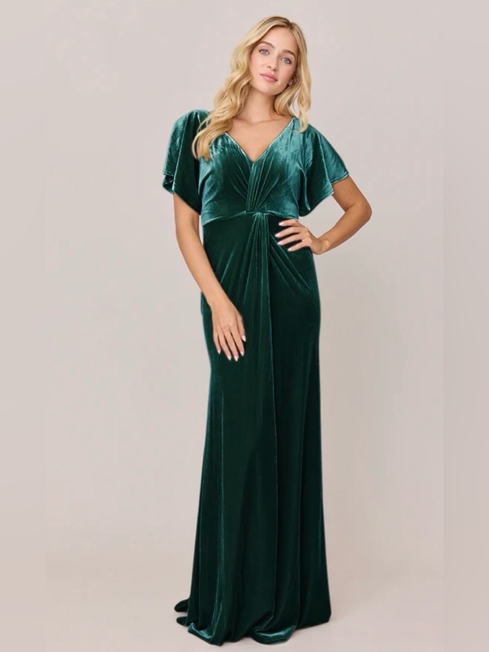Revelry Gwen Flutter Sleeve V-Neck Bridesmaid Maxi Dress Emerald Green Velvet 2